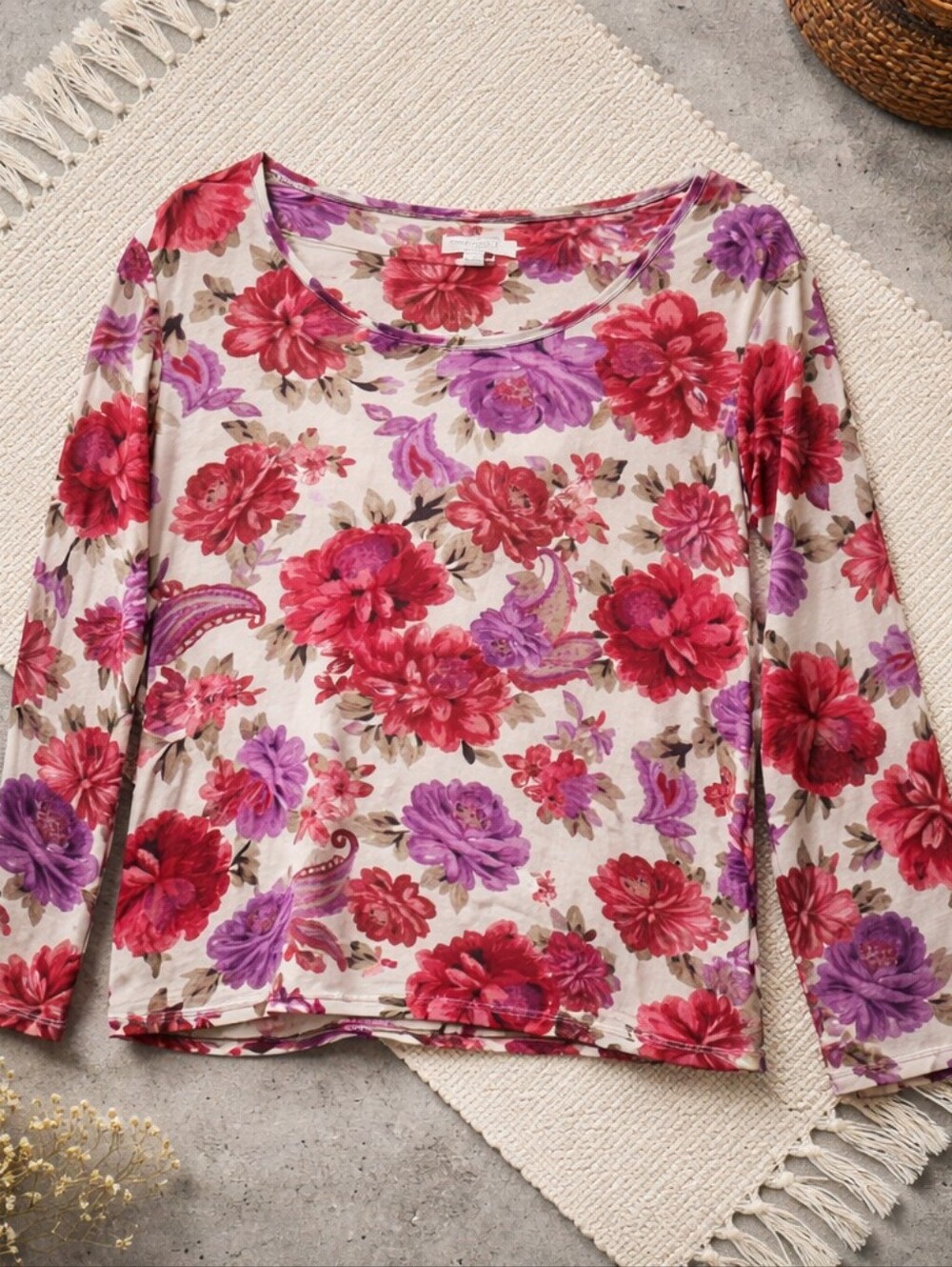 Charter Club Long-Sleeve Scoop Neck Top with Pink & Purple Floral Printr